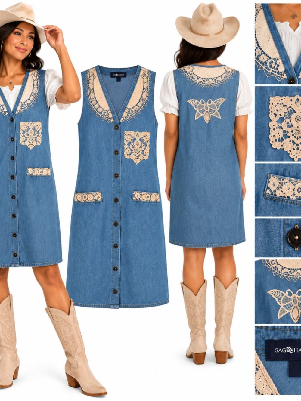 Sag Harbor Denim Crochet Lace Button Front Dress Western Boho Cowgirl Vintage M